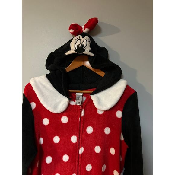 Disney Minnie Mouse Fleece Onesie Pajamas Women’s XL Red Polka Dot Hooded - Picture 2 of 7